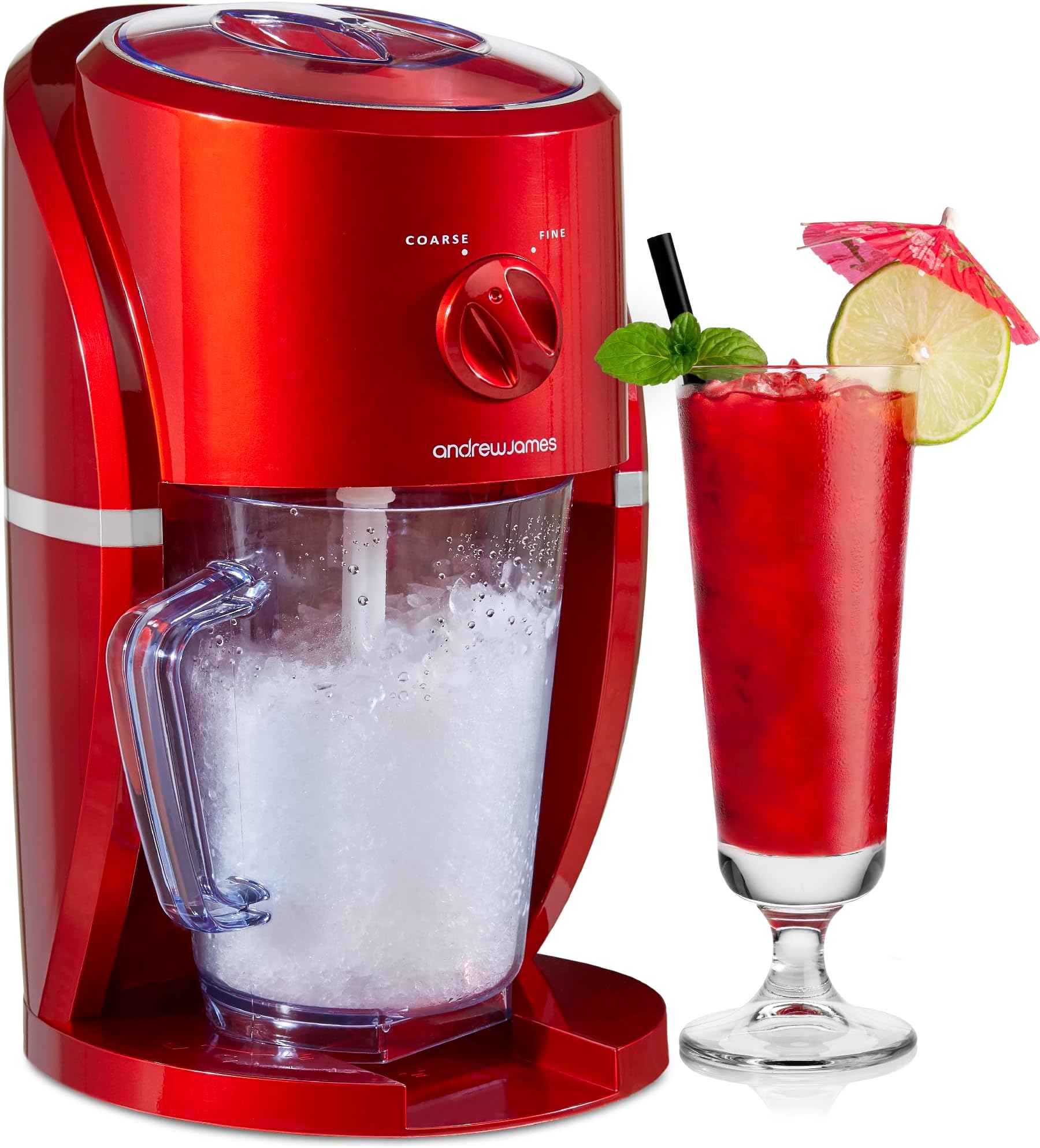 Andrew James Ice Crusher Slush Machine | Electric Crushed Ice Maker for Slushies Cocktails & Smoothies for Home Use | Stylish Retro Design | 1L BPA Free Plastic Jug & Built in Stirrer | 25W | Red