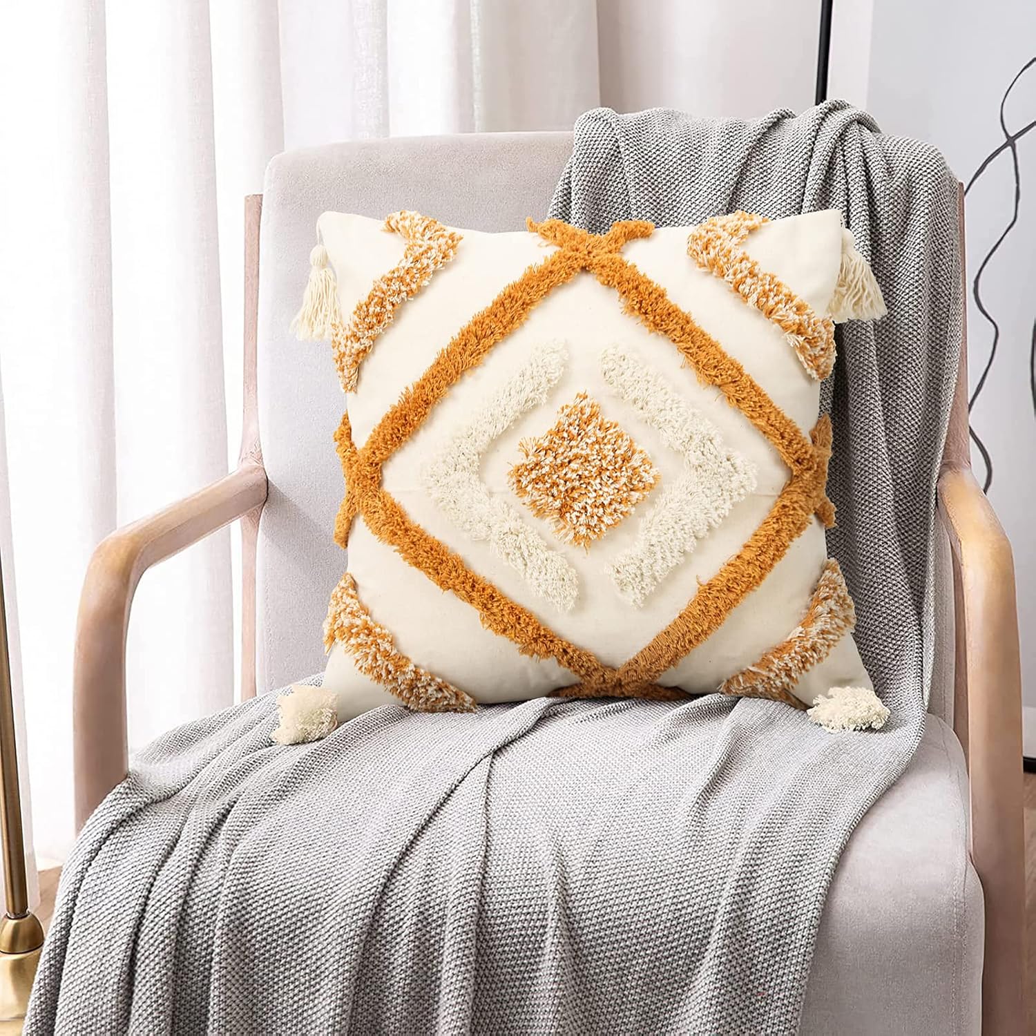 Pyonic Boho Throw Pillow Covers 18x18 Woven Tufted Decorative Pillow Covers with Tassel,CR-Orange-a