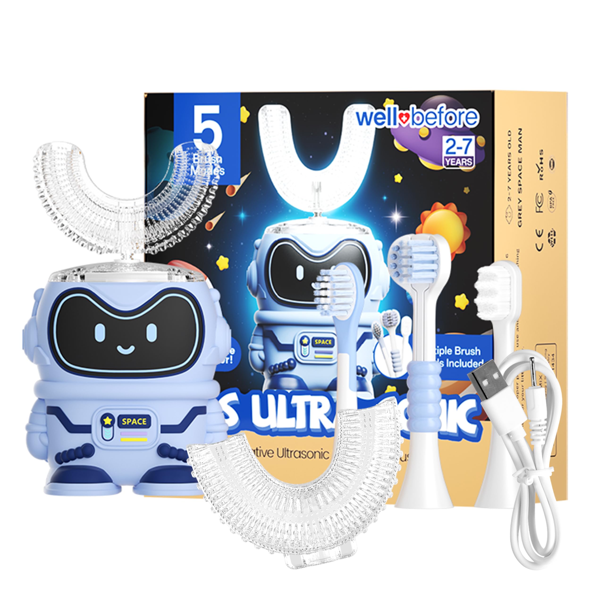 Well Before Ultrasonic Kid's U-Shaped Electric Toothbrush, IPX7 Waterproof, Five Cleaning Modes (Spaceman, Blue Ages 2-7)-image-34