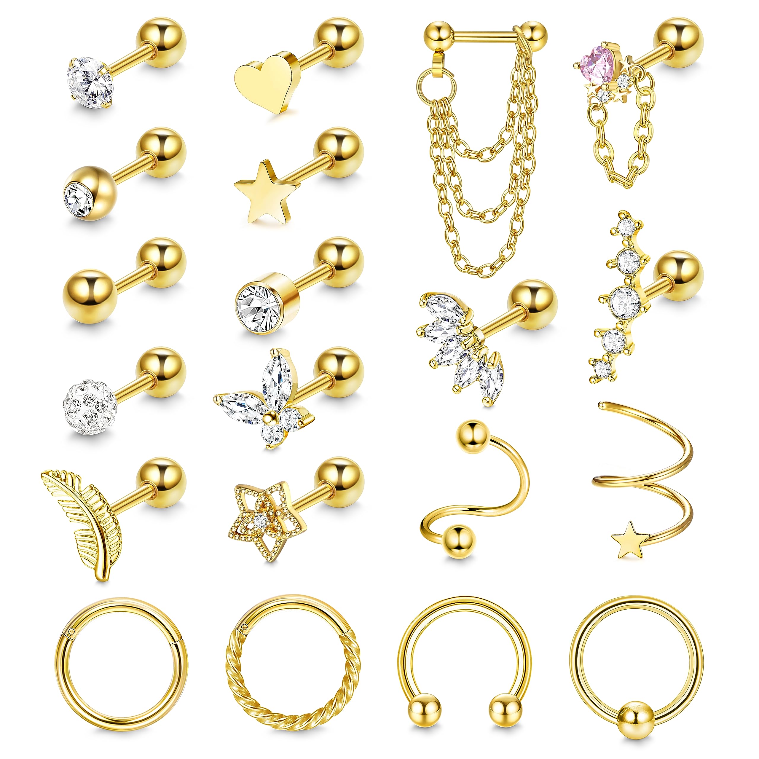 JeweBella 20 Piezas 16G Pendientes Cartílago Plata/Oro Piercing Oreja Acero Quirurgico para Mujer Pluma Estrella Corazón Aro Pendientes Conjunto Piercing Oreja Helix Tragus Conch