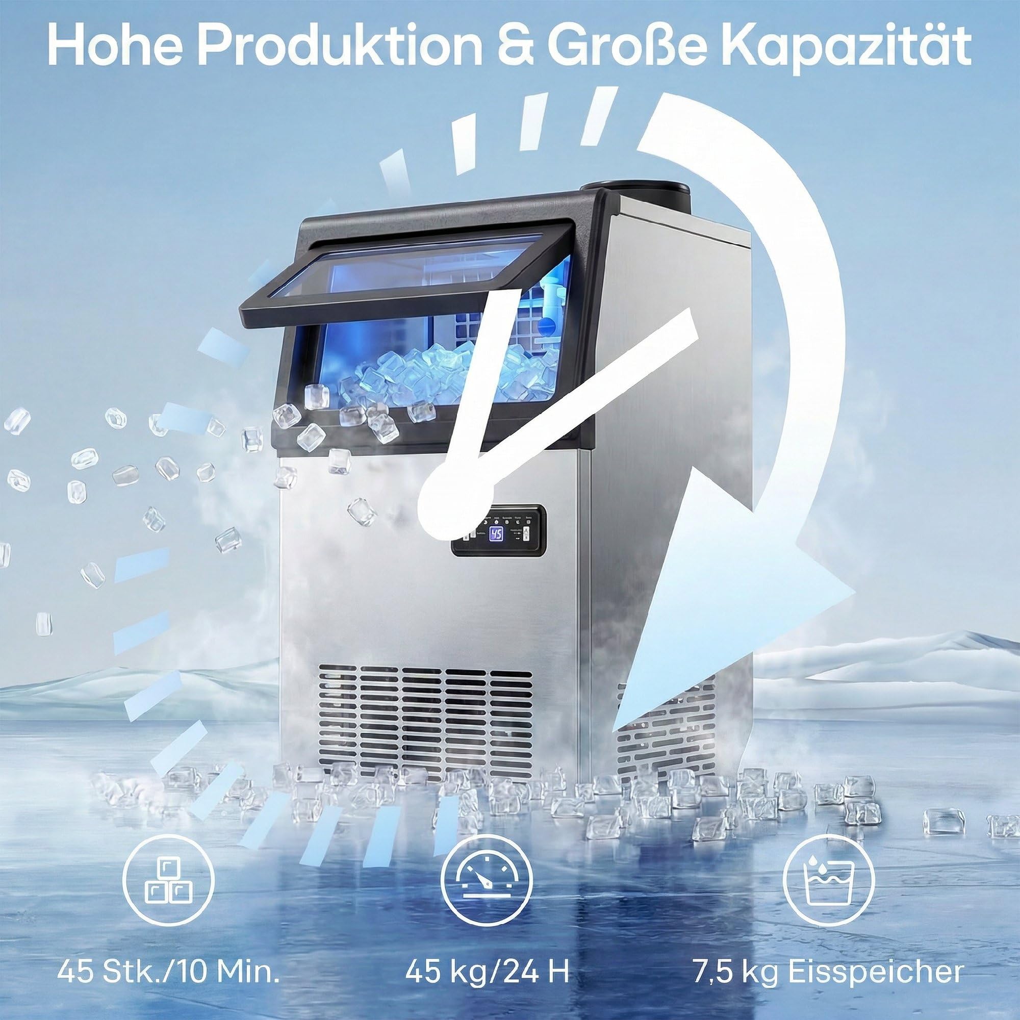 HOMCOM Macchina per cubetti di ghiaccio commerciale 45 kg/24 H autopulente Gelatiera con 7,5 kg di memoria, timer, Ice Maker Machine in acciaio inox con paletta per ghiaccio per bar, ufficio