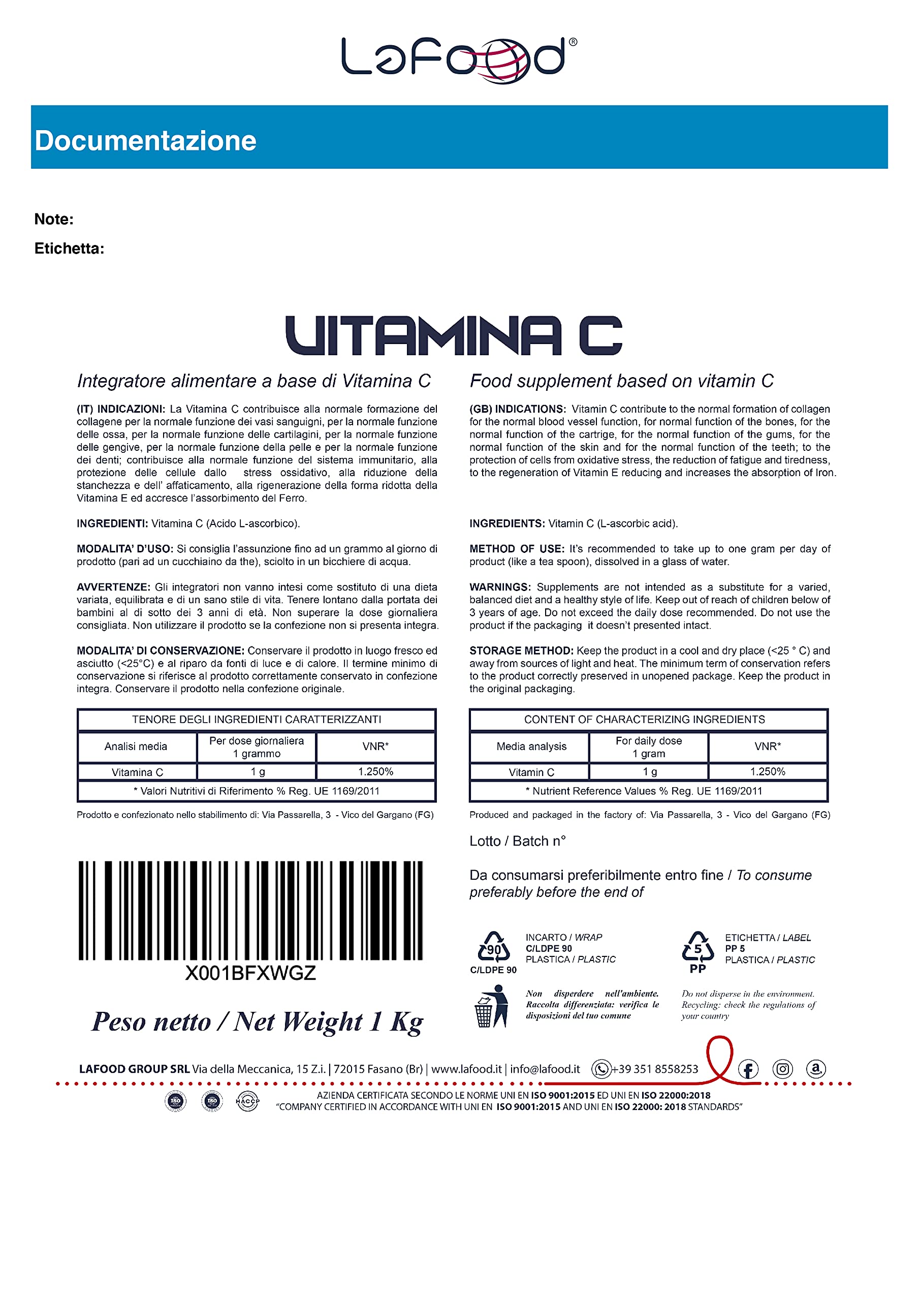 Vitamina C - 1KG (Acido L-ascorbico) Integratore alimentare