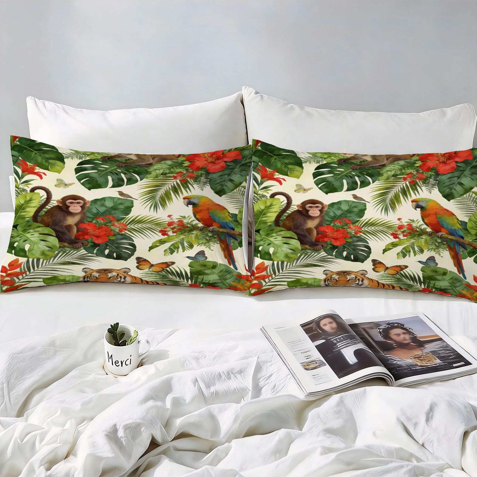 Housse de Couette 240 x 260 Jungle Animal, 2 Personnes, Parure de Lit Plantes Tropicales Microfibre avec 2 x Taie d'oreiller 65x65 cm avec Fermeture éclair