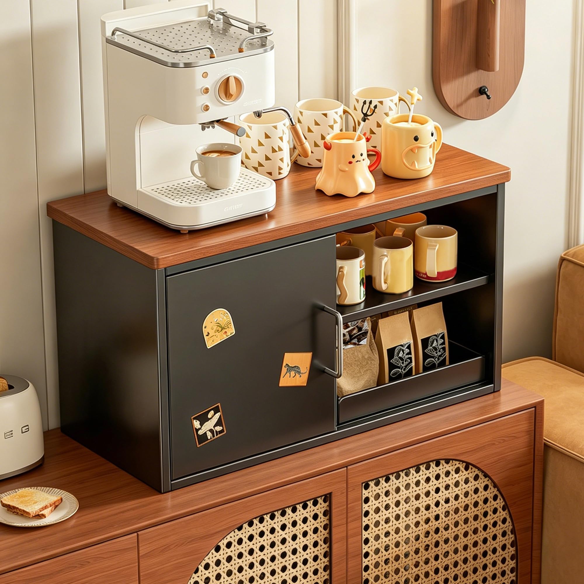 Despensa compacta de metal ideal para crear tu rincón de café en casa