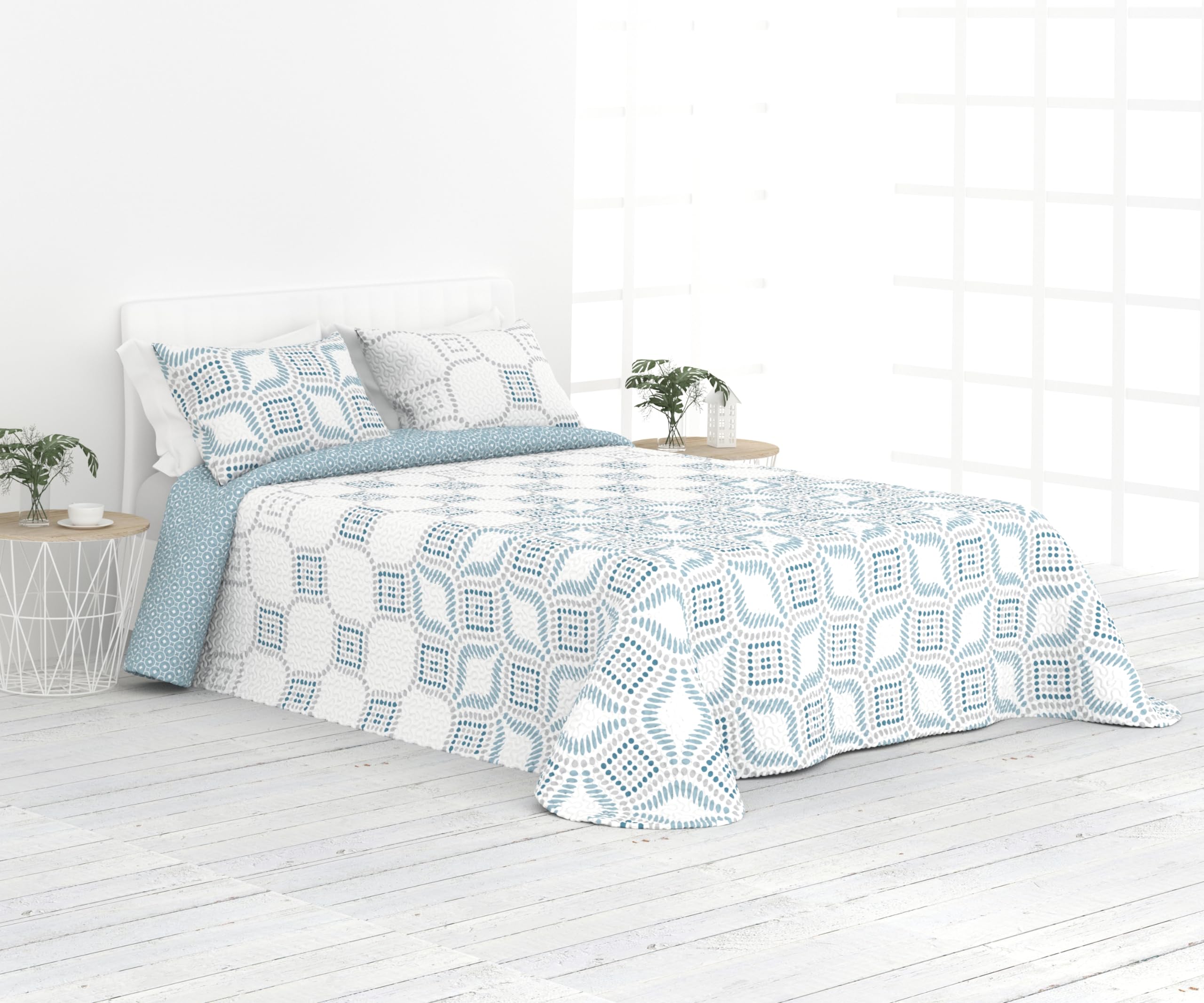 Liniva Home Colcha Fina Reversible de Verano y Primavera. Colcha con Funda DE COJÍN. Cubrecama Elegante de Microfibra Extra Suave. (Azulejo - Celeste - Cama 150 cm)