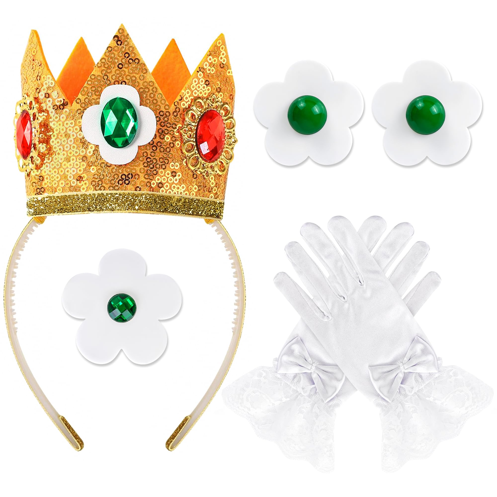 Goenb Princess Costume Accessories, 4 PCS Set of Princess Crown/Earrings/Gloves/Brooch Dress up for Women Girls