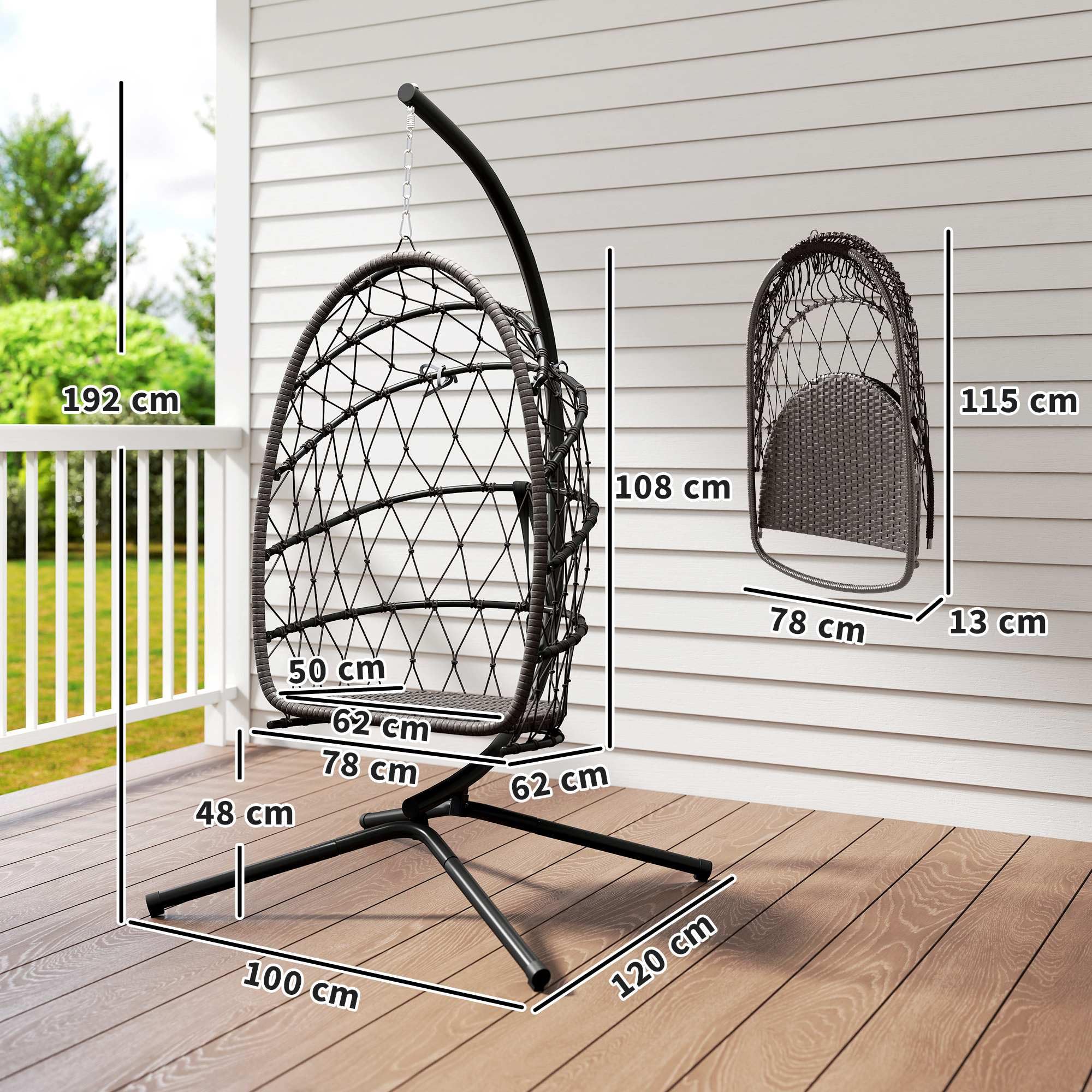 Outsunny Silla Colgante Huevo con Soporte, Columpio Jardín Exterior con Cesta Plegable de Ratán, Cojín Grueso, Reposacabezas, Altura Ajustable, Cuerda para Interior y Exterior, Marrón