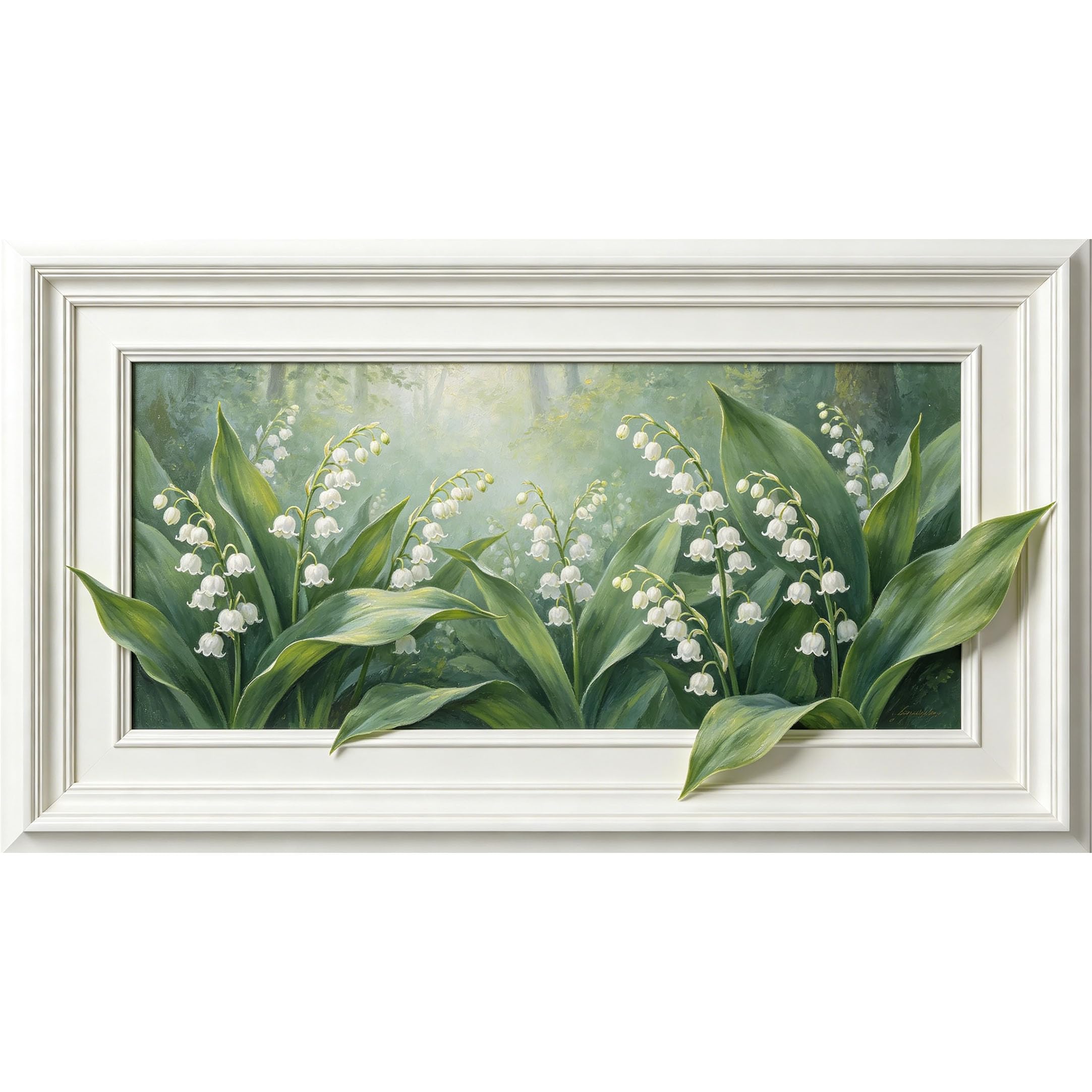 QZLITHOTIC 50x90cm3D Framed Wall Art， Botanical Lily of the Valley Forest Landscape Self‑Adhesive Mural， Water‑Activated Peel & Stick Fabric Decor Wall Decal for Bedroom Living Room