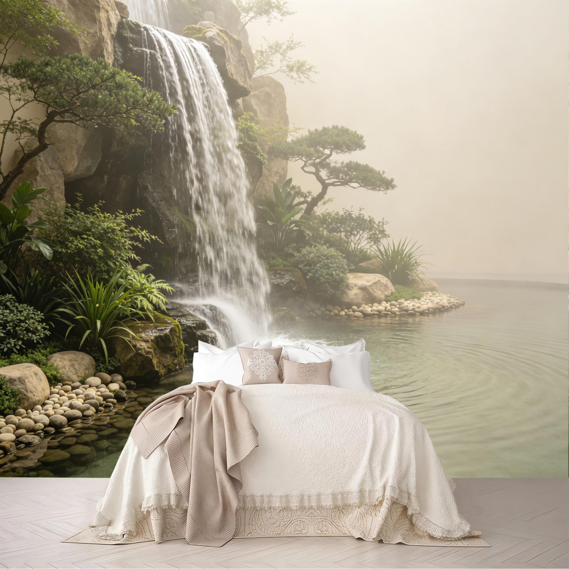 Custom Size Wall Mural Misty Zen Garden Cliff Waterfall Pine Pond Scenery Removable Self Adhesive Peel and Stick Wallpaper for Bedroom Living Room
