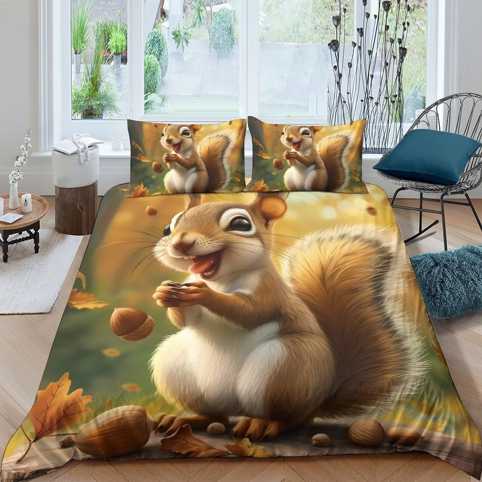 Ctjqhvkz Style-4 3D Printed Squirrel Autumn Fitted Sheet Microfiber Soft Breathable Forest Bed Cover For Bedroom Guest Room Decor Single（135X200cm）