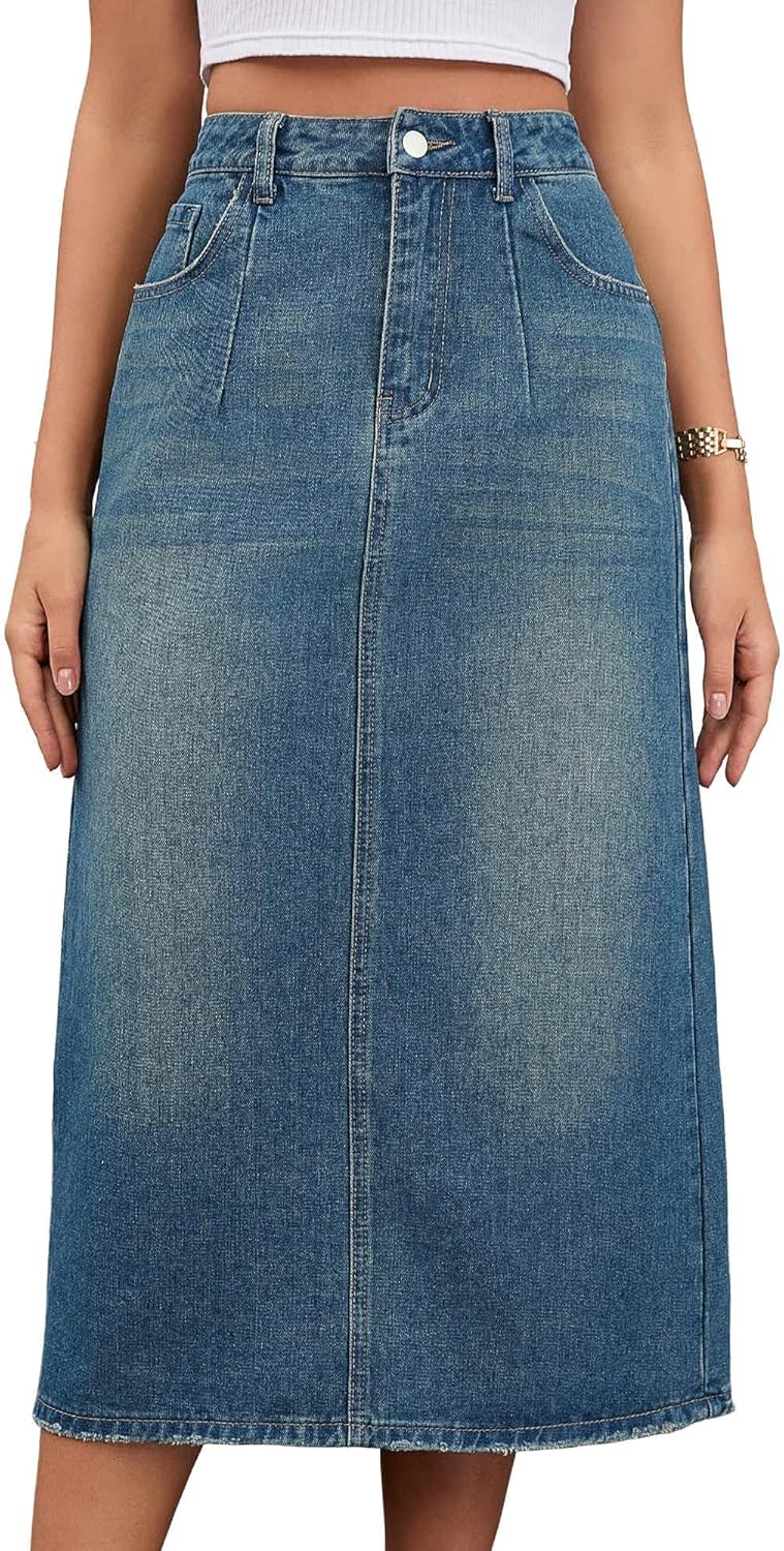 Women's Denim Skirt High Waisted Split Back Pockets Casual Pencil Midi Jean Skirts