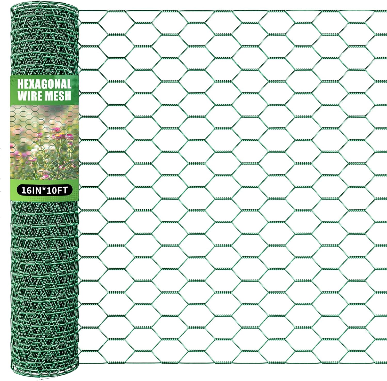 16in x 10ft Chicken Wire for Floral Arrangements, Green Chicken Wire, Hexagonal Galvanized Wire Mesh for Poultry Barrier, Flower Arrangement, Crafts and Garden Green 16 x 120 Inches