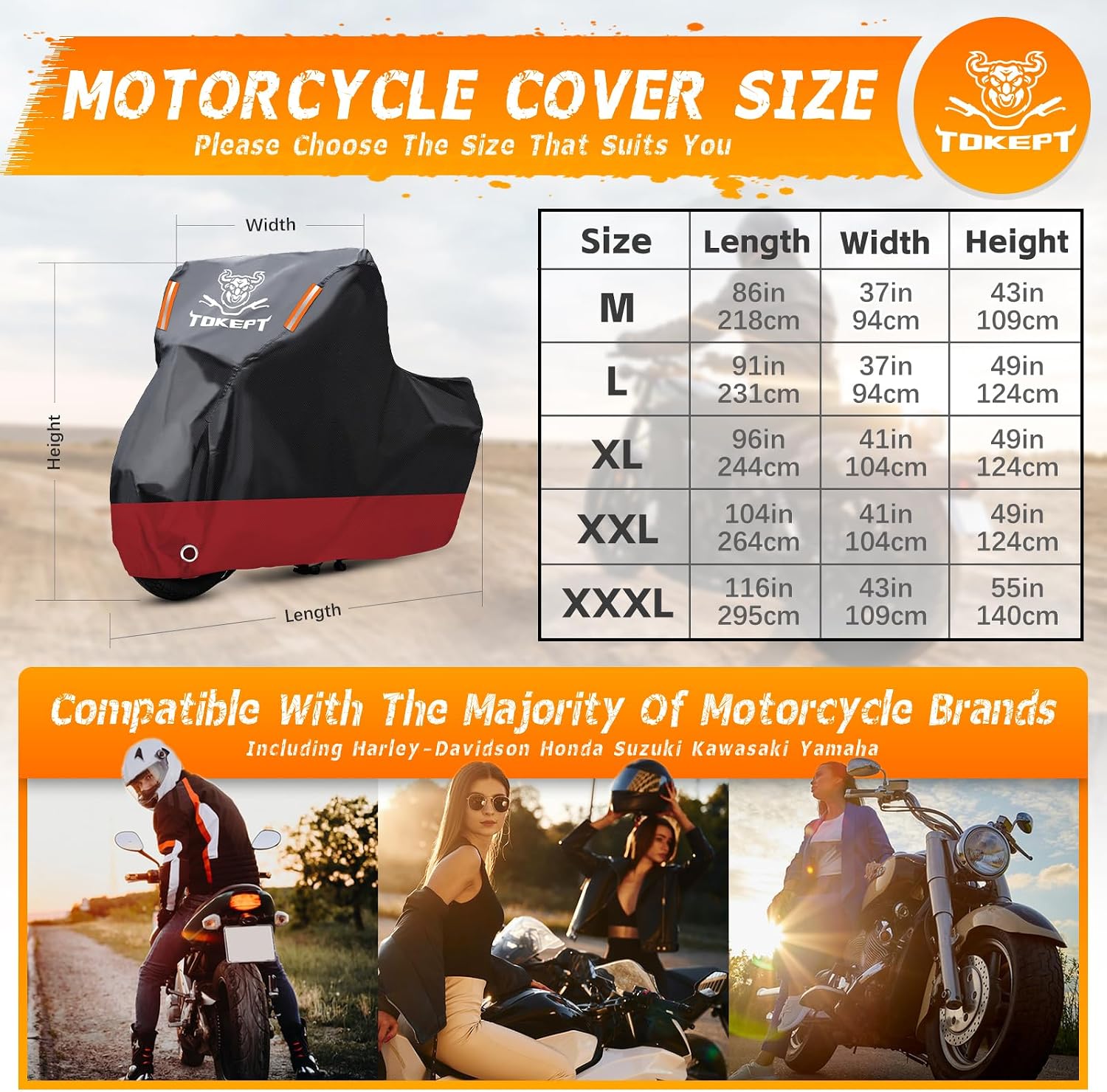 Motorcycle Cover, All Season Waterproof UV & Rain Resistant Outdoor Cover with Night Reflective & Storage Bag, Fits Most Motorcycles, Cruisers, Sportbikes, Dirt Bikes, Scooters up to 91"