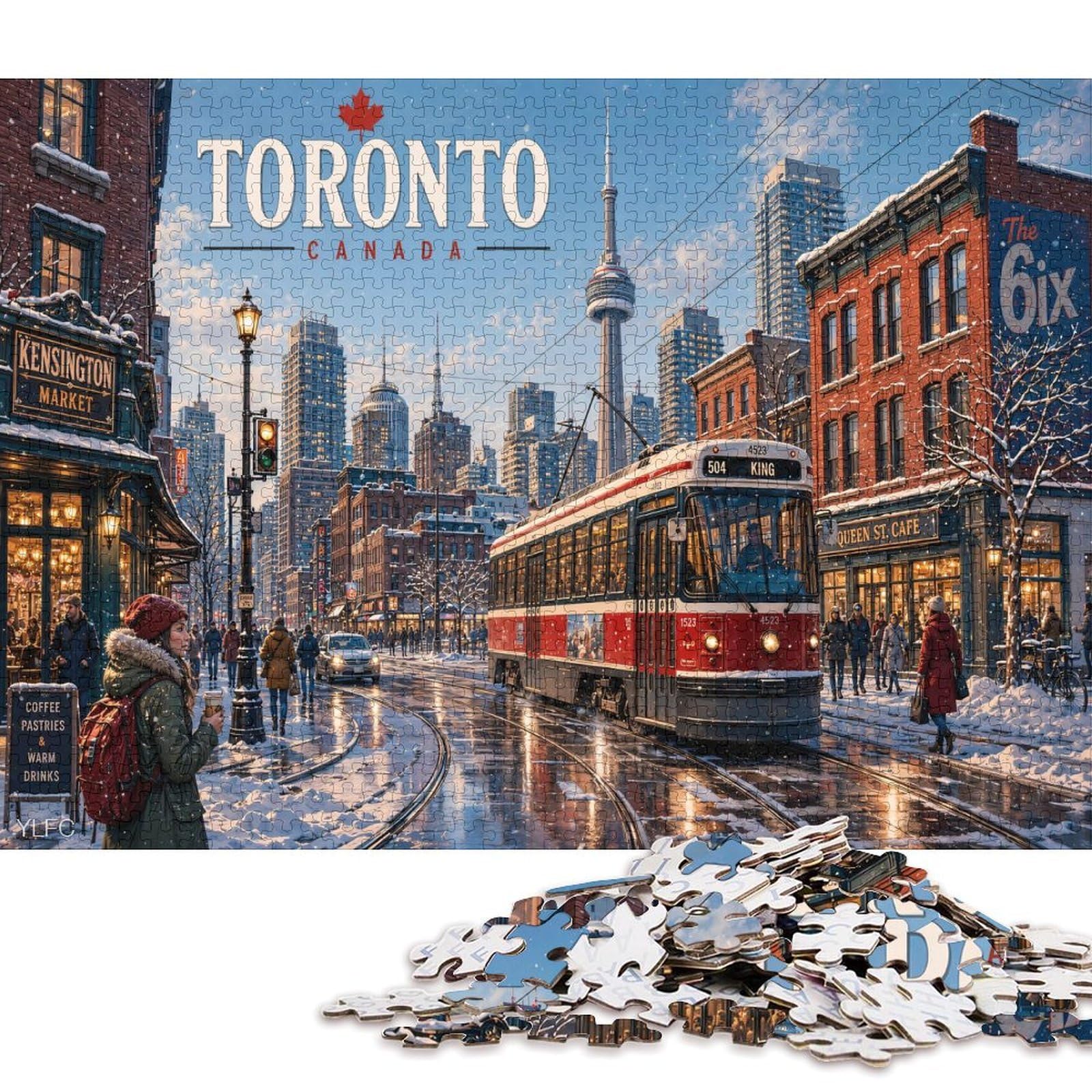 Vintage Toronto 500 Piece Wooden Jigsaw Puzzle,Stress Relief,Adults & Kids 14+,Home Wall Decor Winter Streetscape,Whimsical Challenge,Great Gifts,Wood,Educational Toy (52x38cm)