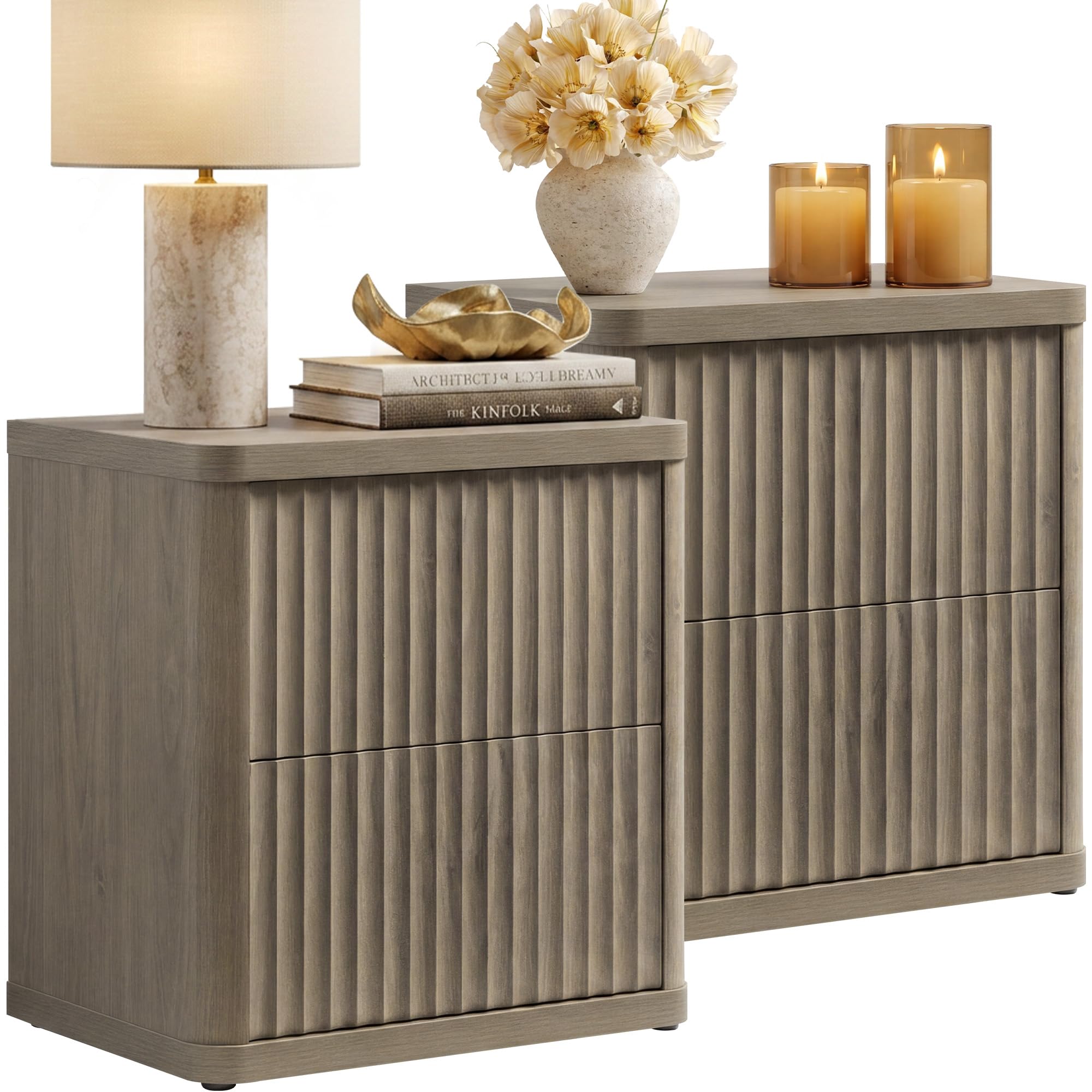 SICOTAS Night Stand Set of 2 Nightstands with 2 Drawers Storage Bedside Table Large Fluted Bed Side End Table Modern 24.4" Tall Wide Night Stands for
