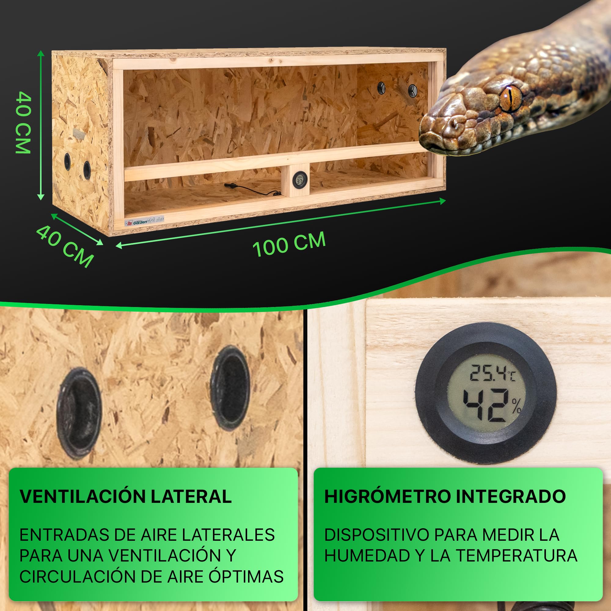 ITA Terrario de Madera 100x40x40 cm con ventilación Lateral e higrómetro Integrado - Terrarios de OSB-3 - para Reptiles, Serpientes, Anfibios - Producto UE, Certificado FSC