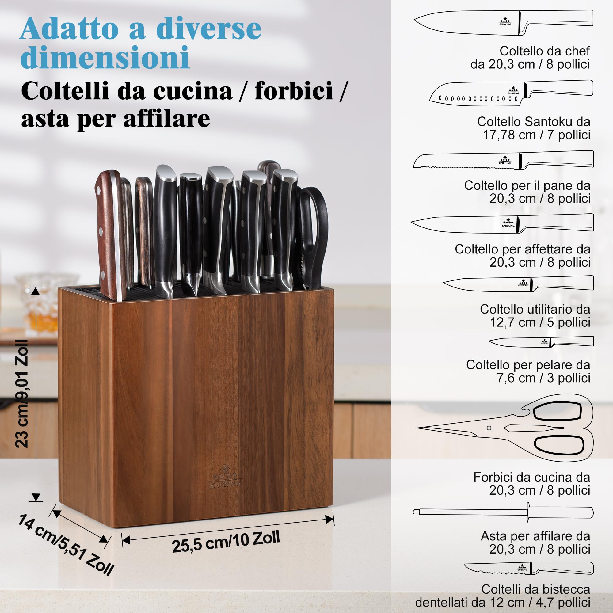 ENOKING Porta Coltelli Cucina in Legno di Acacia, Portacoltelli da Cucina Universale Con coperchio in Plastica, Ceppo Coltelli Vuoto di Alta Qualità per Coltelli/Bastoncini per Affilare