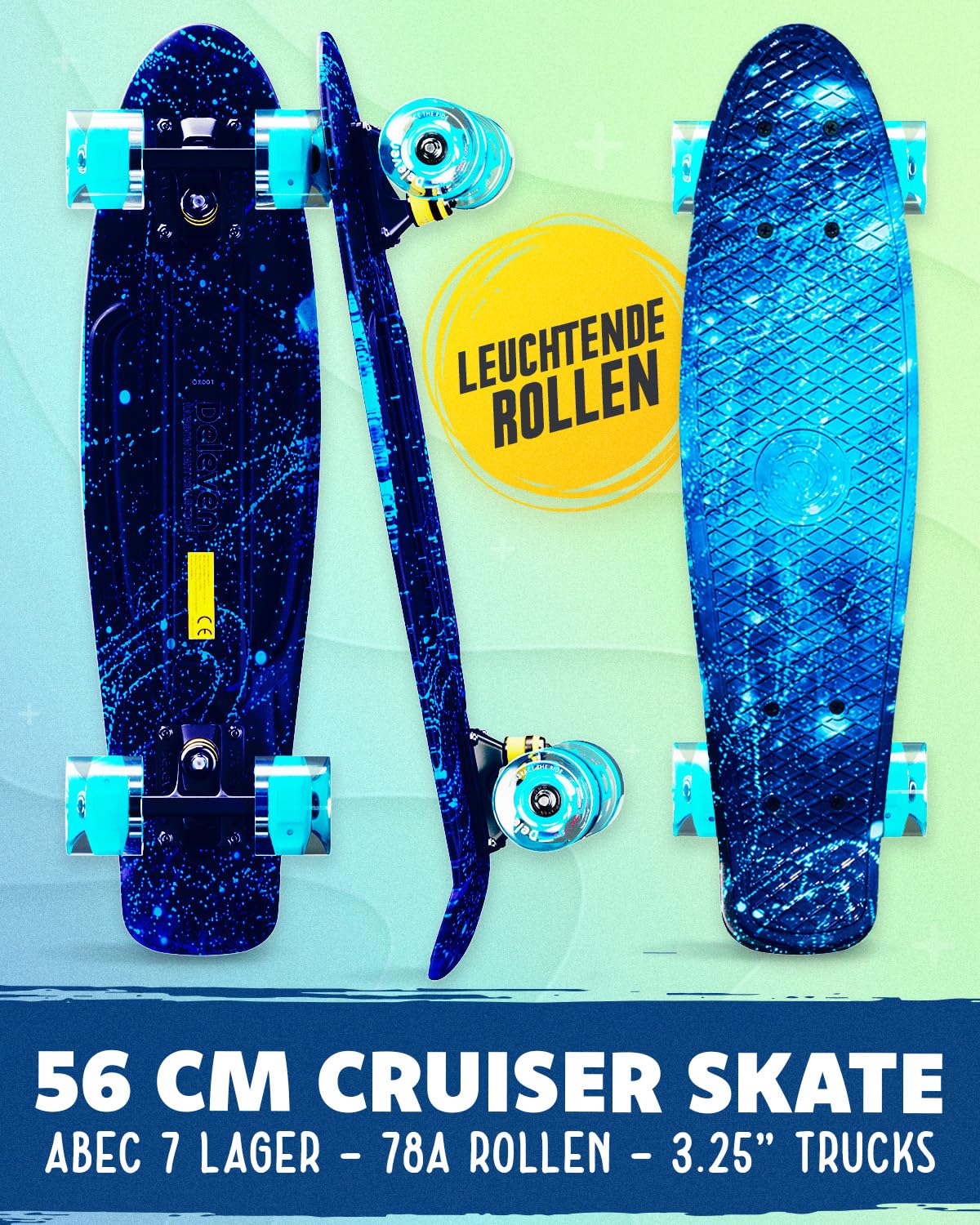 Deleven Skateboard mit LED Rollen, Skate Tool und ABEC 7 Lager - Kinder Erwachsene Anfänger - 56 cm