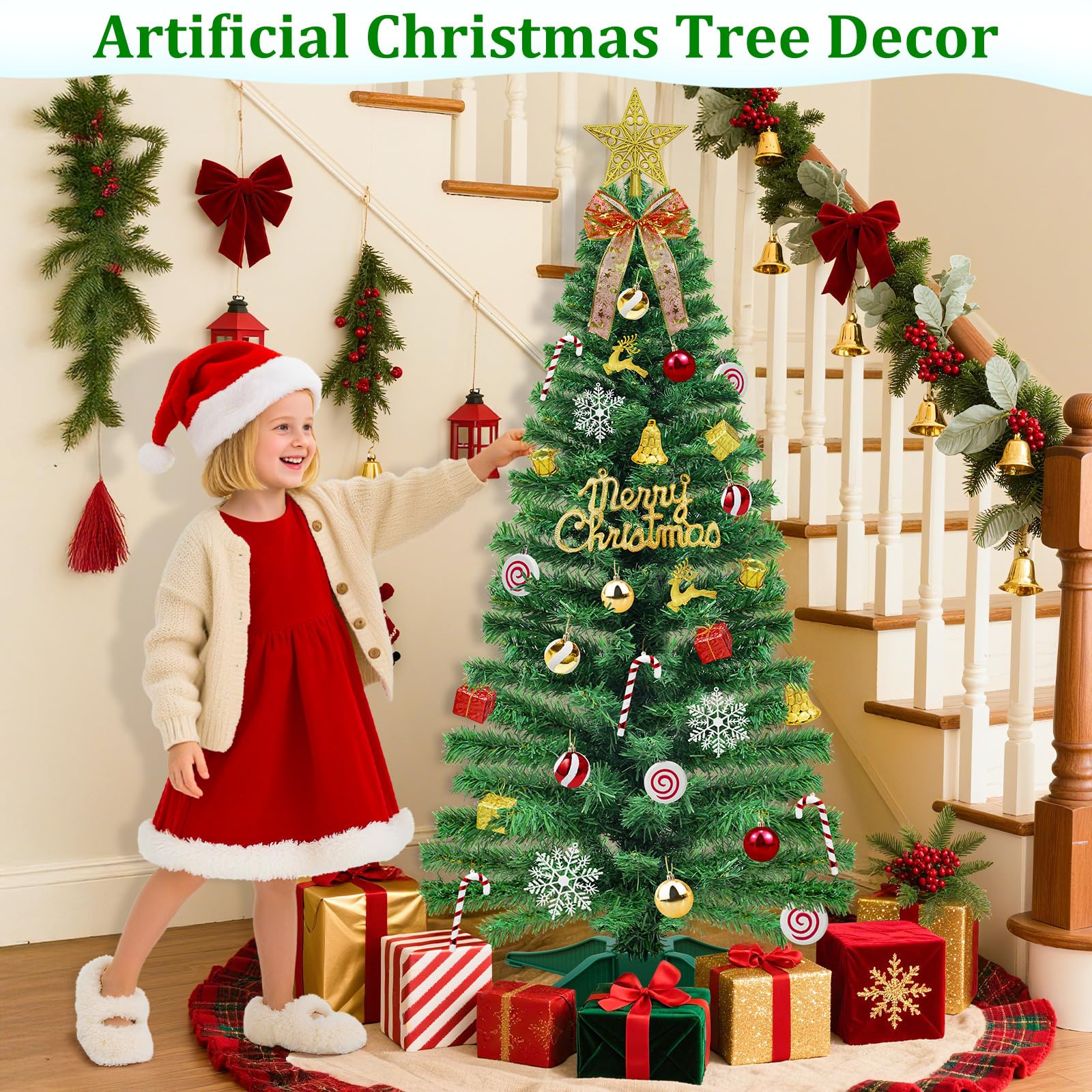 [71 ornements] Sapin de Noël artificiel de 1,2 m avec 100 étoiles blanches chaudes en 3D avec panneau « Merry Christmas » en forme de boule, nœud, cerf, flocon de neige, boîte cadeau, minuteur, arbre