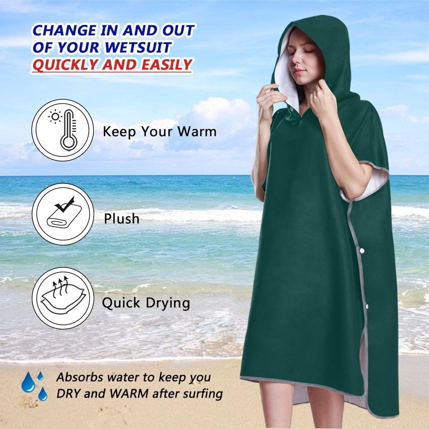 Rich Black Surf Poncho Changing Robe for Adults Beach Hoodie Towel Floral Wearable Womens Ponchos with Hood