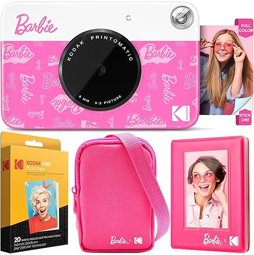 KODAK x Barbie - Paquete Deluxe de cámara digital de impresión instantánea a color Printomatic Barbie (Estilo Signature) + Estuche Deluxe para