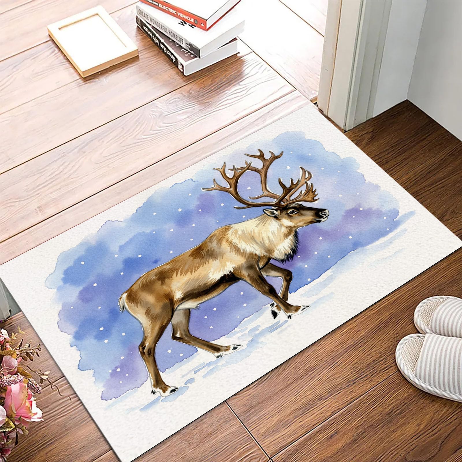 Felpudo Entrada Casa, 90X150Cm Alfombra Entrada Antideslizante Animales De Acuarela Invernales, Alfombrilla Fino Renos Naturales Absorbentes Lavable para Entrada, Pasillo, Cocina, Azul Claro