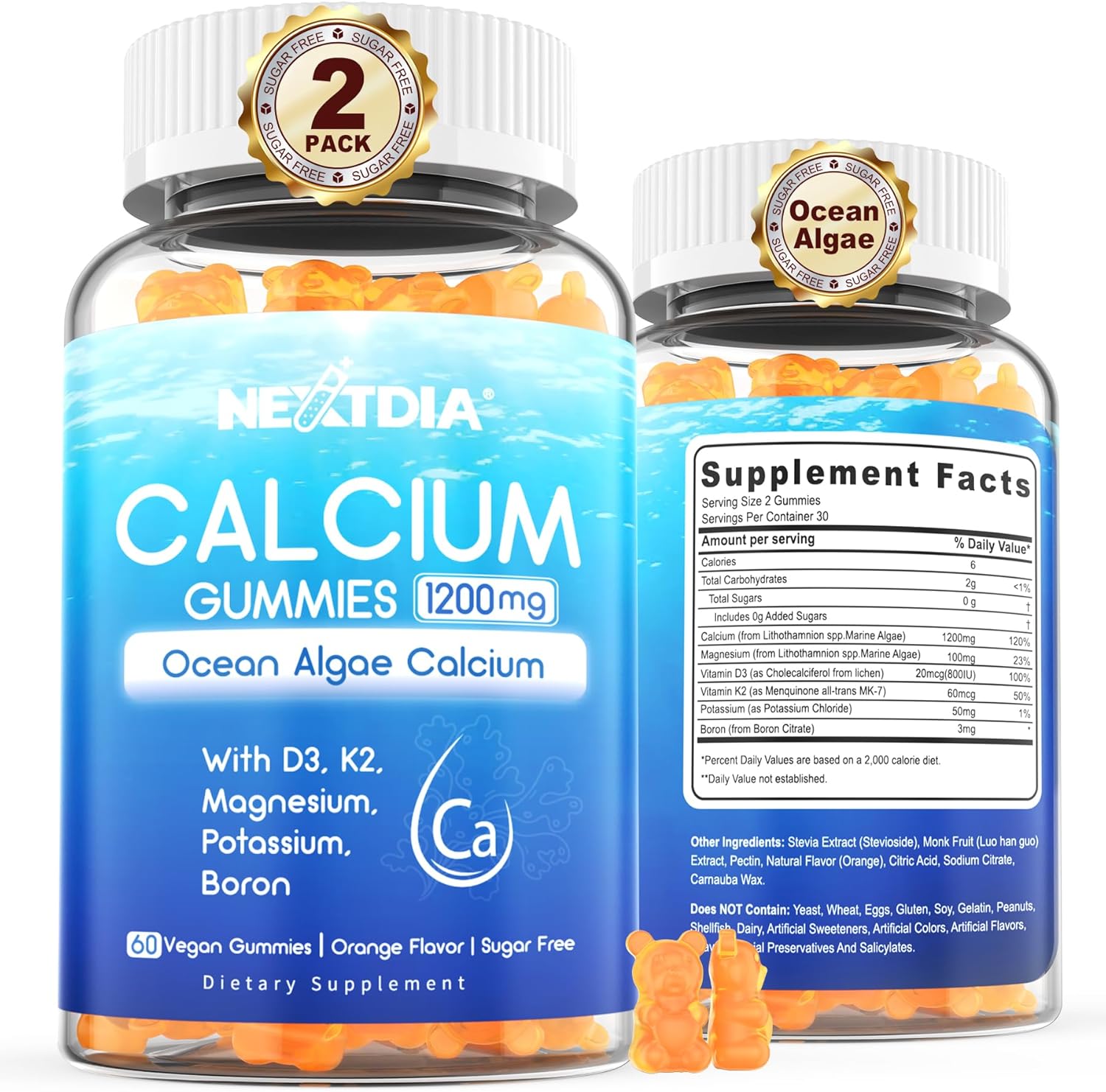 Plant Based Calcium Supplement 1200mg 600mg with D3, Ocean Algae Calcium with Vitamin D3, K2, Magnesium for Bone Strength, Teeth Health & Muscle, Sugar Free Calcium Magnesium D3 Gummies, Vegan, 2 Pack
