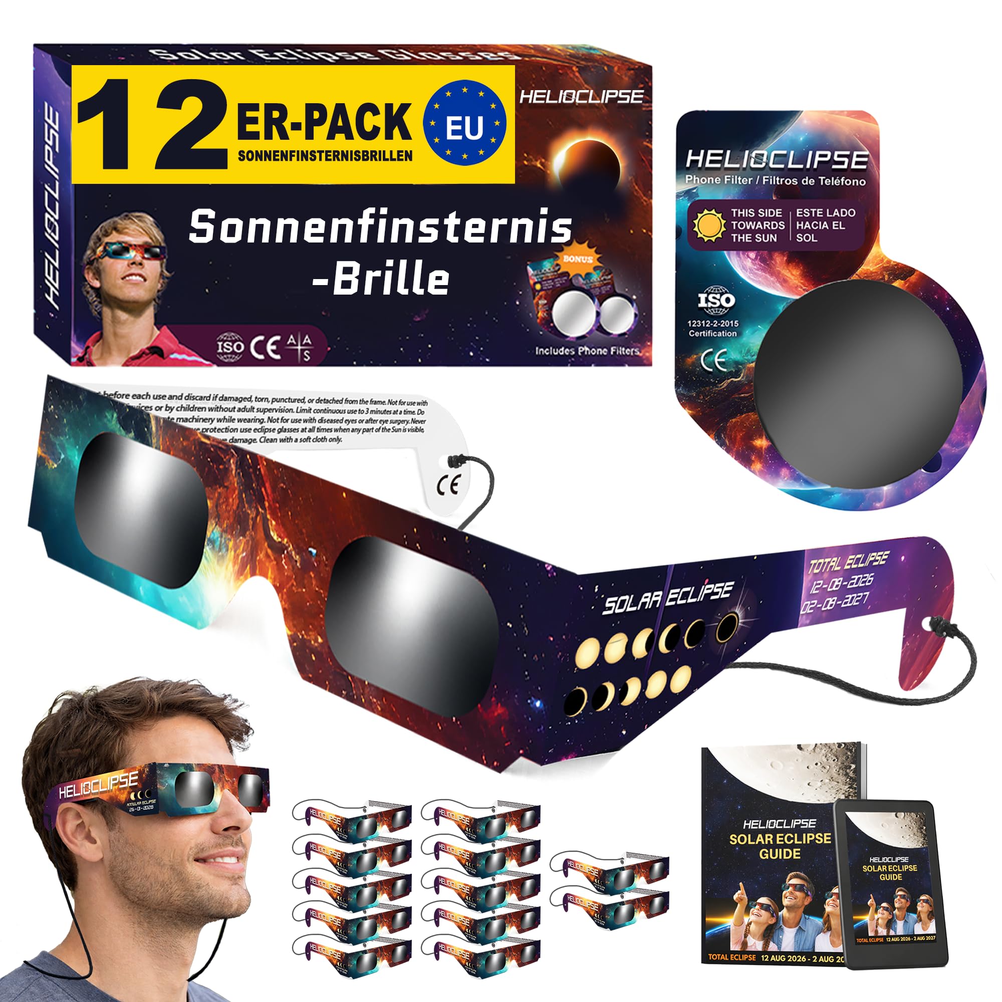 Helioclipse 12/25/50/100 Sonnenfinsternis Brille ISO 12312-2 Zertifiziert 2026 - Brillen Sonnenfinsternis - Schutzbrille für Sonnenfinsternis - Solar Eclipse Glasses