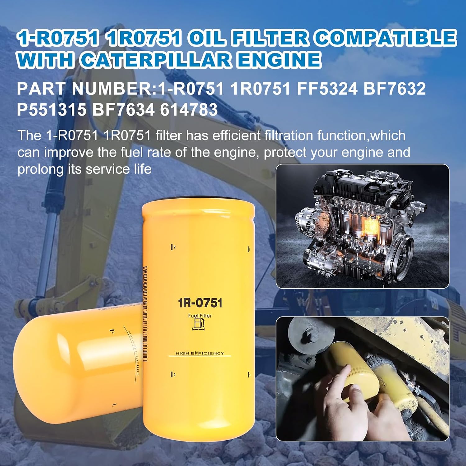 1R-0751 High Efficiency Fuel Filter 1R0751 1R0759 FF5324 BF7632 P551315 BF7634 614783 Filter Fuel Water Separator Compatible with Caterpillar CAT Engines Excavator 311C 311D 312C