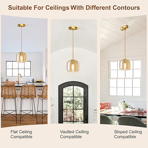 Miniatura 5 de Luces colgantes de isla de cocina, lámpara colgante dorada, luces colgantes de latón con pantalla de vidrio ámbar, lámpara colgante ajustable para