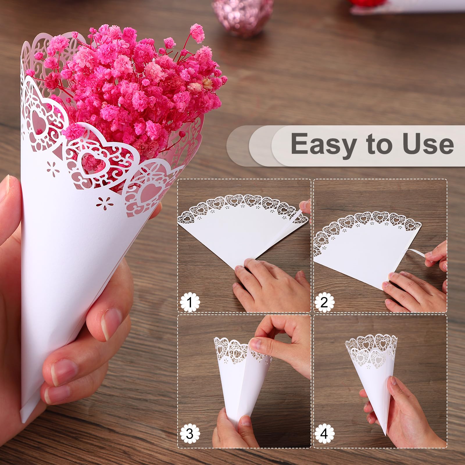 PATIKIL Coni Riso Matrimonio, 100Pz Coni Confetti Portaconfetti Carta Stampa a Onda Cava Bouquet per Feste Scatole Regalo Caramelle Sacchetti Cioccolato Addio Celibato Petali, Bianco