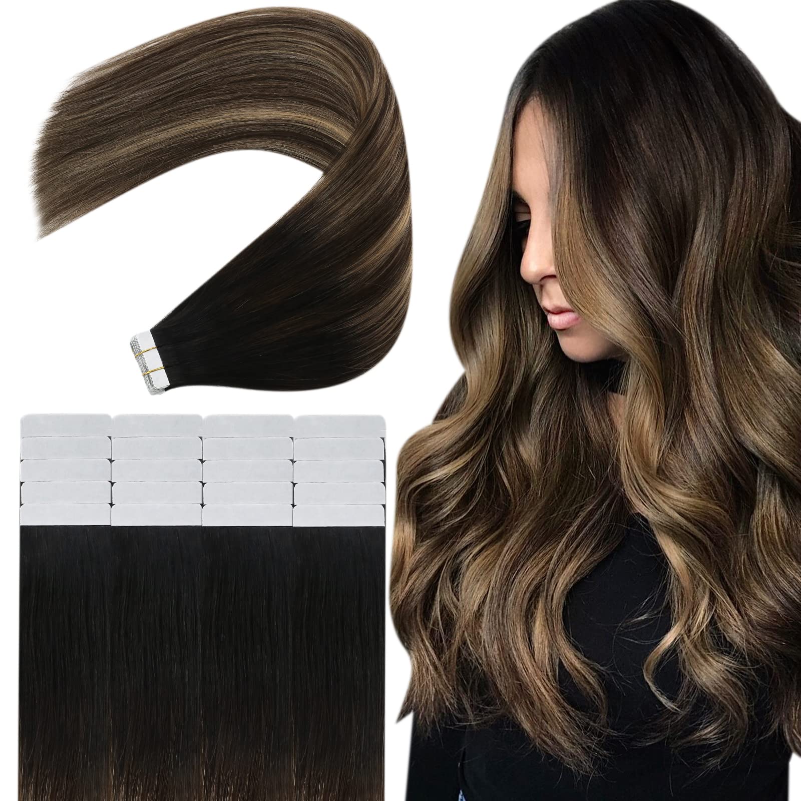 JoYoung Brown Tape in Human Hair Extensions 24 Inch Tape in Extensions Human Hair Blonde Balayage Black to Caramel Blonde Real Hair Extensions Tape in Remy Human Hair 20pcs 50g
