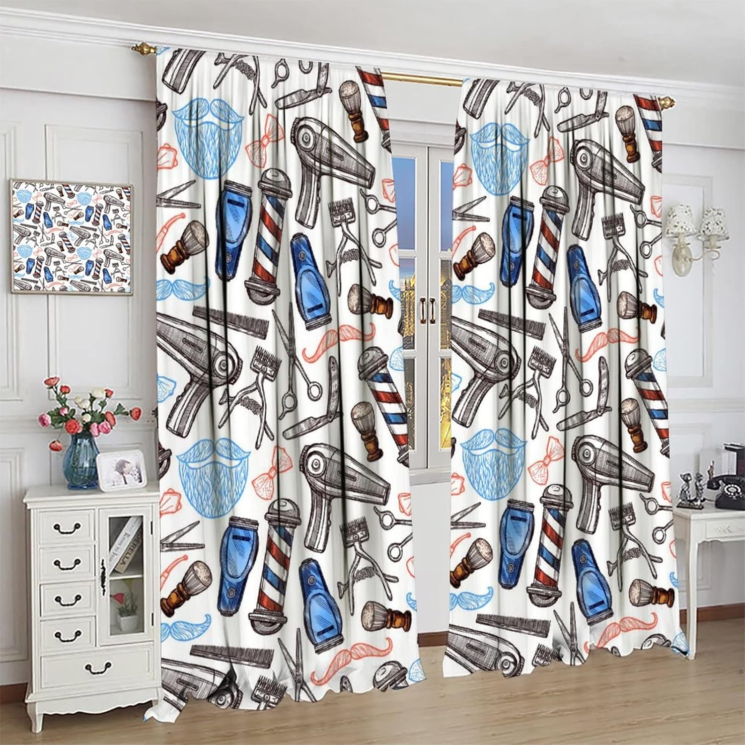 Retro Barber Shop Rod Pocket Blackout Curtains for Living Room,Thermal Insulated Rustic Abstract Beauty Salon Printed Window Drapes,2 Panels 63L x 31.5W