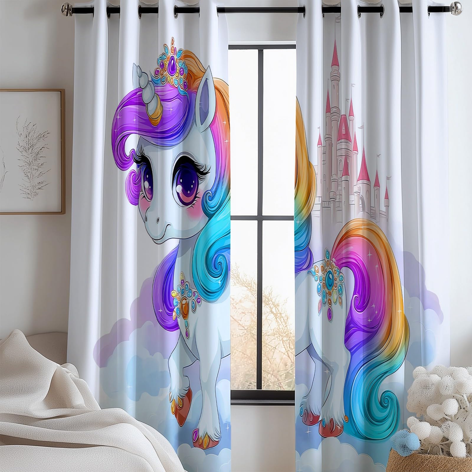 Générique Rideaux Occultants Licorne de Dessin Animé Nuages pour Chambre d'enfant, Lot de 2 140L X 260H cm Rideaux Thermiques Style Simple à Œillets - Rideau Obscurité Totale pour Bébé Enfant Adulte