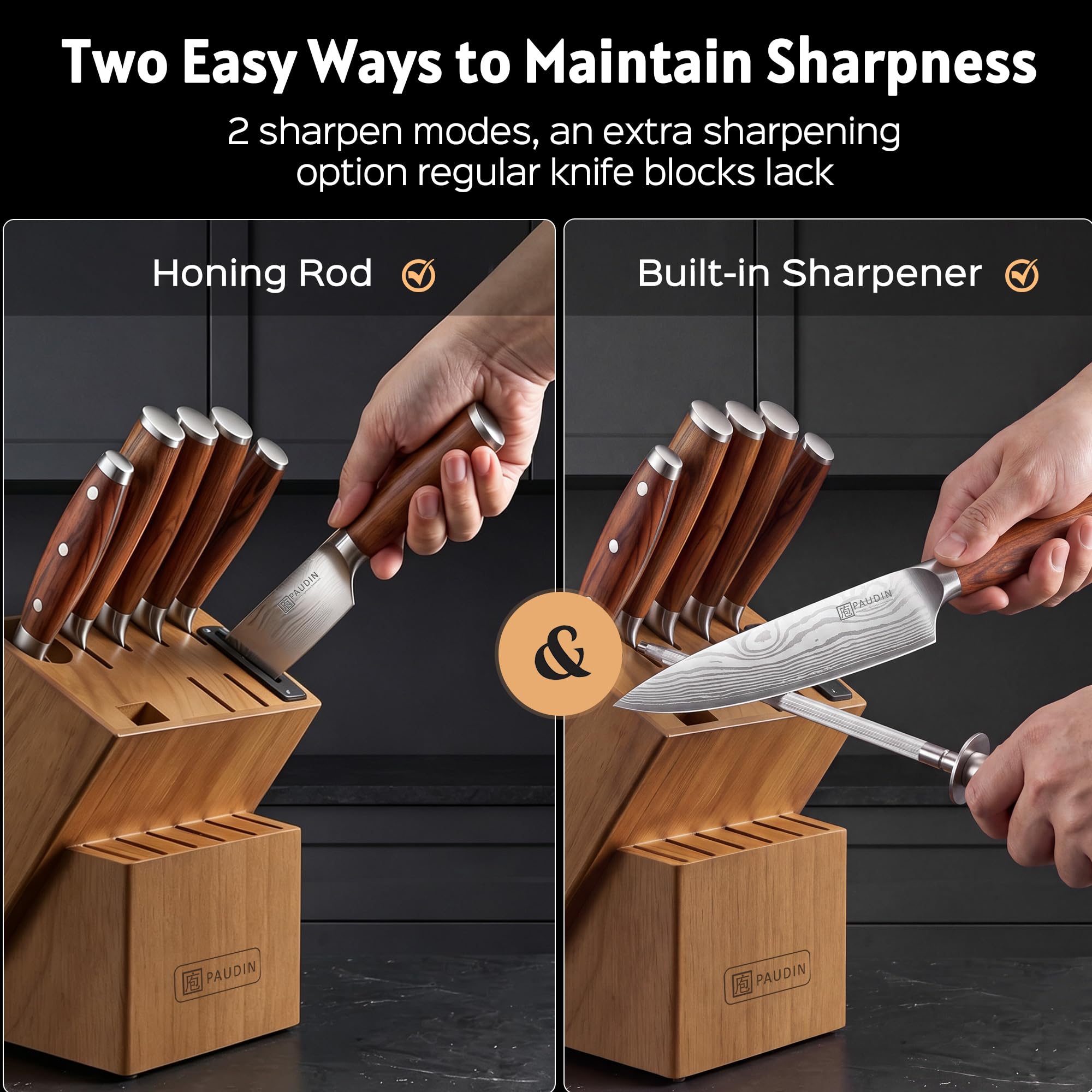 PAUDIN 16-Piece Kitchen Knife Set with Block, Built-in Sharpener, Ultra Sharp 5Cr15Mov Stainless Steel Chef Knives, Natural Wood Handles, Steak Knives, Scissors & Honing Rod, Complete Cutlery Set — Amazon image 2