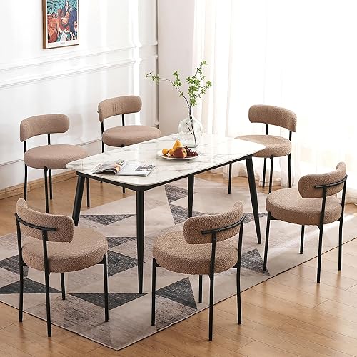 Miniatura 11 de Juego de 6 sillas de comedor blancas EDWELL, sillas modernas de comedor con cojines de 3.94" de mediados de siglo, sillas redondas tapizadas de