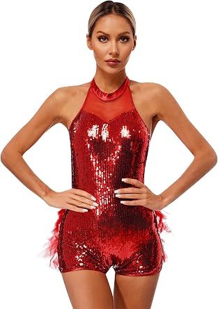 ACSUSS Womens Mock Neck Sequins Dance Costumes Tulle Skirted Leotard Jumpsuit for Jazz Latin Ballet