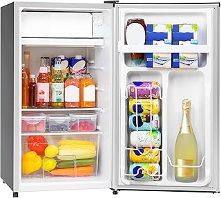 Manastin Mini Fridge with Freezer, 3.2 Cu.Ft, Single Door Small Refrigerator, Energy-Efficient, Low Noise, Mini fridge for Bedroom Dorm and Office, Moonlight Silver