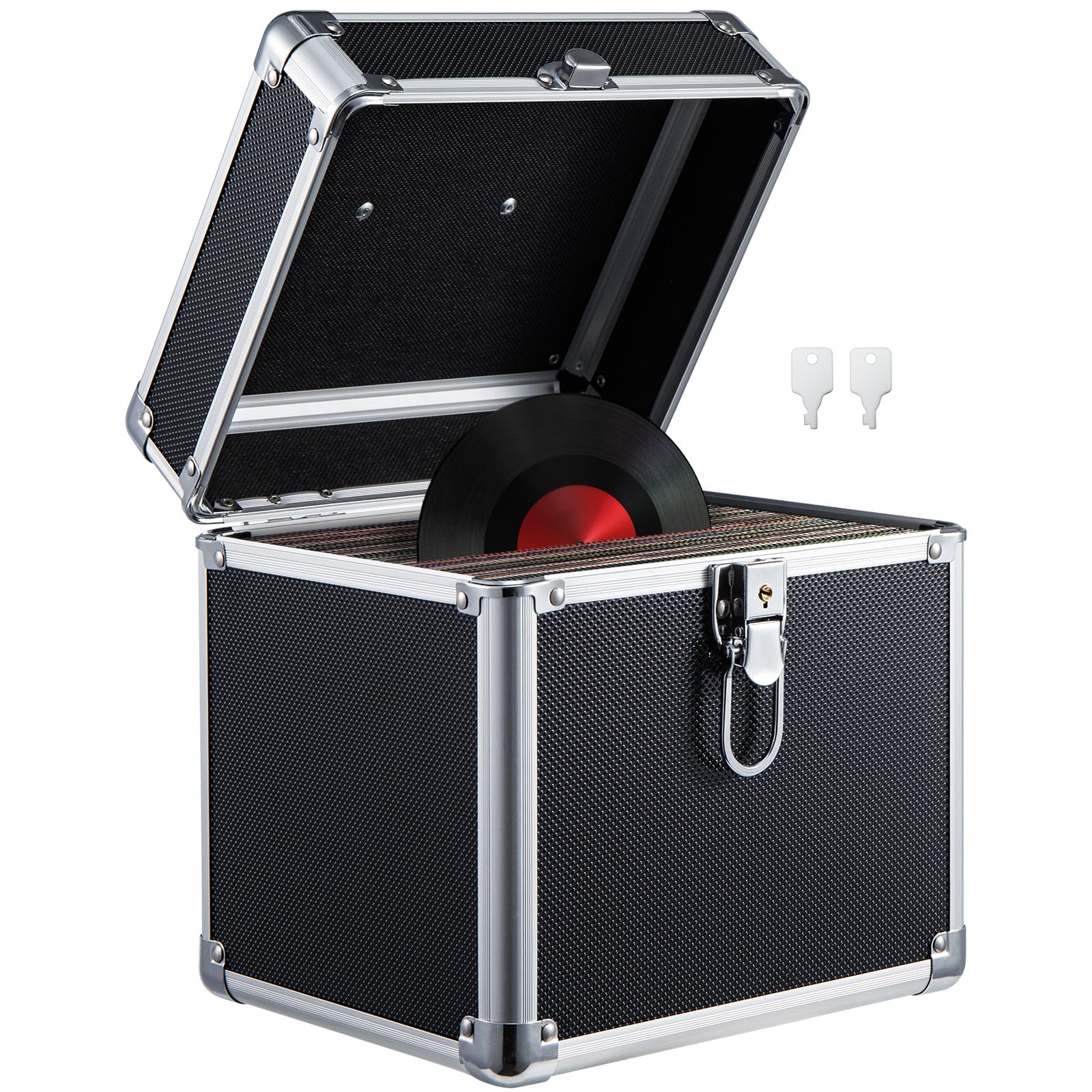 Plattenkoffer Schallplattenkoffer Koffer Abschließbarer Schallplattenkoffer aus Aluminium – Tragbarer Vinyl Koffer – Robuste Schallplattenbox mit Griff (Schwarz, 7 Zoll)