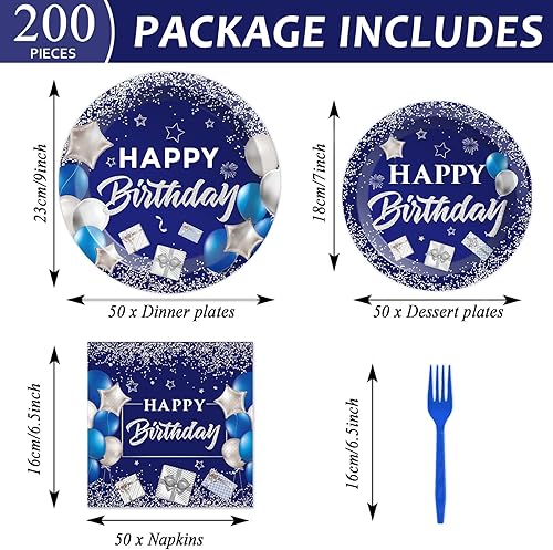 Miniatura 2 de 50 platos azules de cumpleaños para invitados, servilletas de feliz cumpleaños, platos de feliz cumpleaños azul marino y plateado para hombres y
