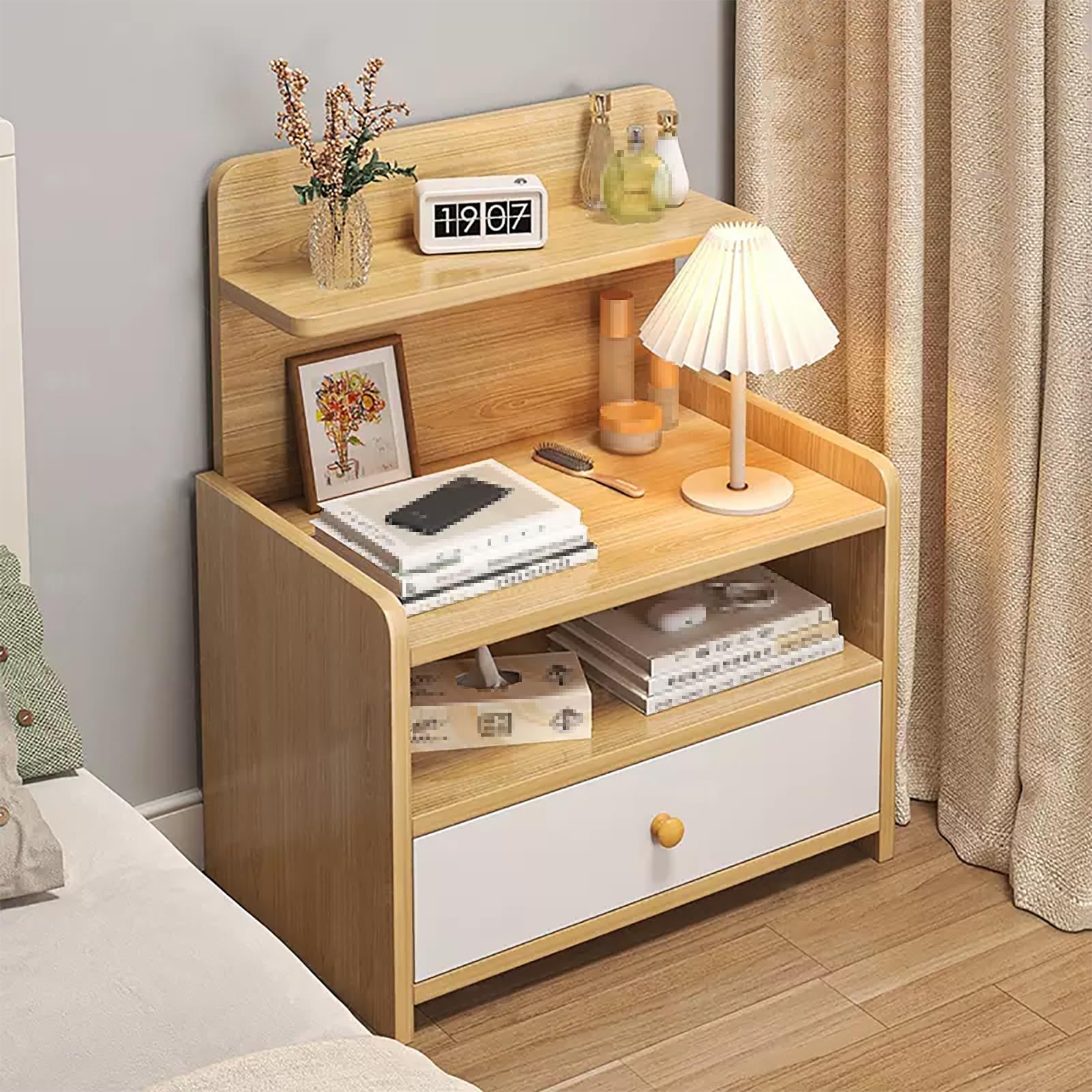 SXZenSpace Wooden Nightstand with Drawer - Stylish Bedside Table, Storage Side Cabinet for Bedroom & Living Room 33x26x60cm, Perfect Bed End Desk nizing Essentials