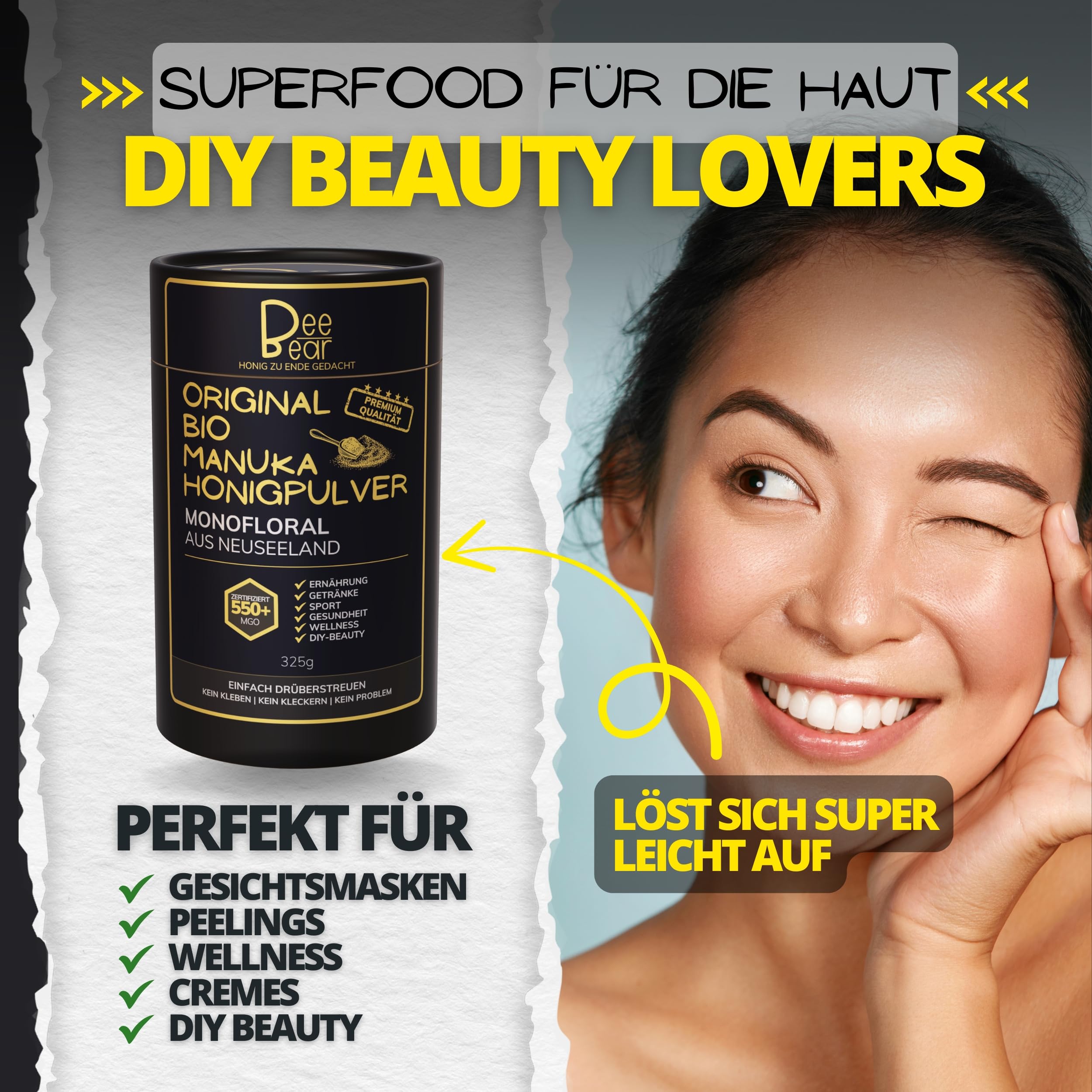 BeeBear Manuka Honigpulver MGO 550 | Bio Nahrungsergänzungsmittel + Superfood Pulver Bio zB für Smoothie & gesundes Frühstück | Porridge Topping Quark & Joghurt | Immunsystem stärken & Energy Pulver