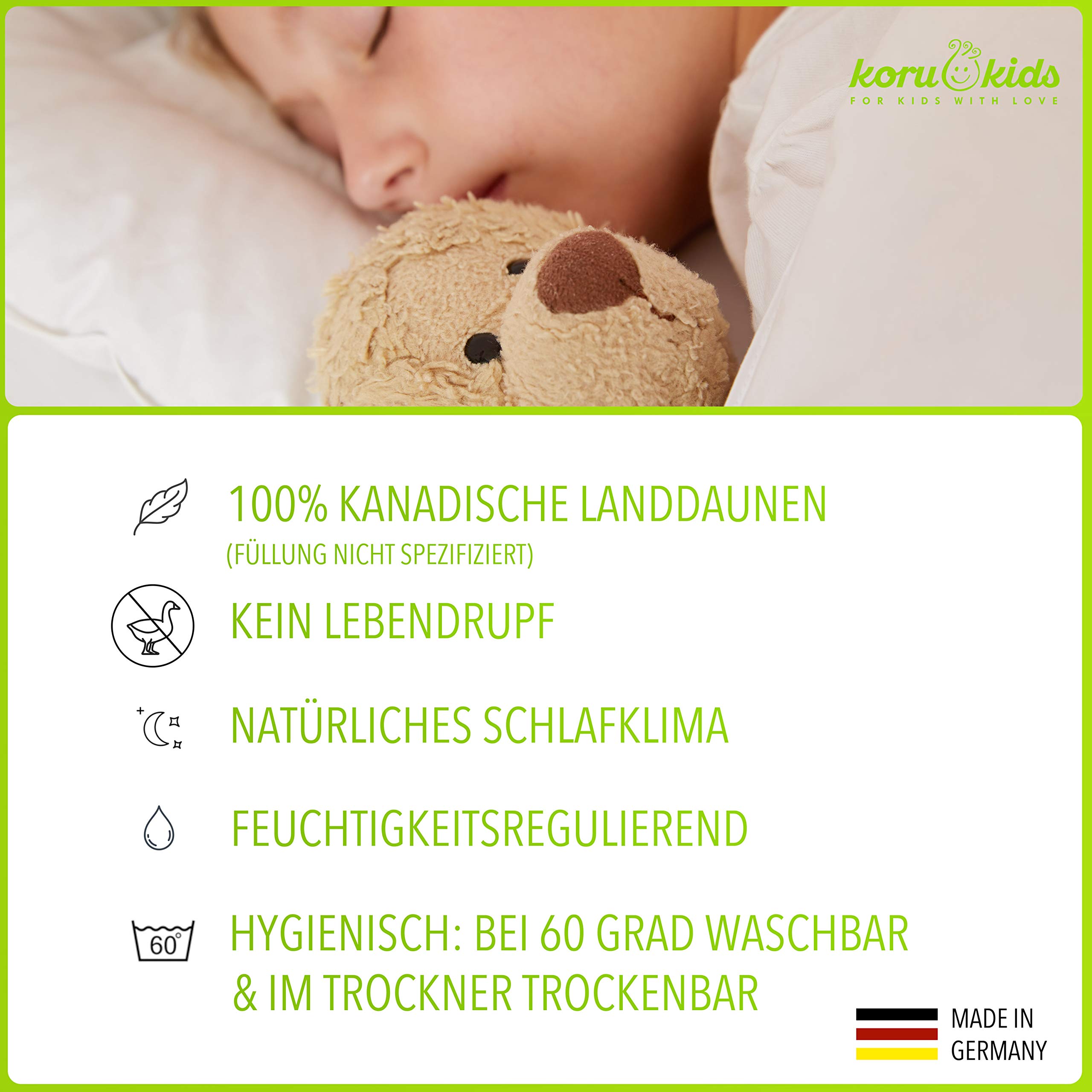 Koru Kids® Kinder Daunendecke 100 x 135 cm – 100% kanadische Landdaunen – Kinderbettdecke – Kinderdecke 100x135 – für Baby Kinder – Bettdecke 100x135 - Made in Germany