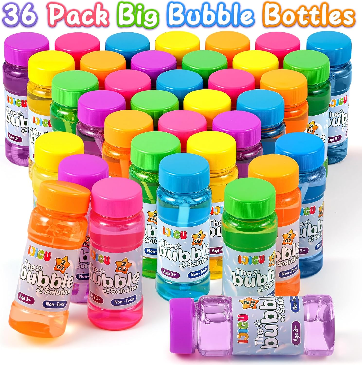 IJIGU Bubble Bottles 36 Pack (2oz), Bubbles for Kids, Bubble Solution with Bulk Wands in 6 Colors as Party Favors for Toddlers 1-3, Summer Outdoor Toy Gift for Boys & Girls