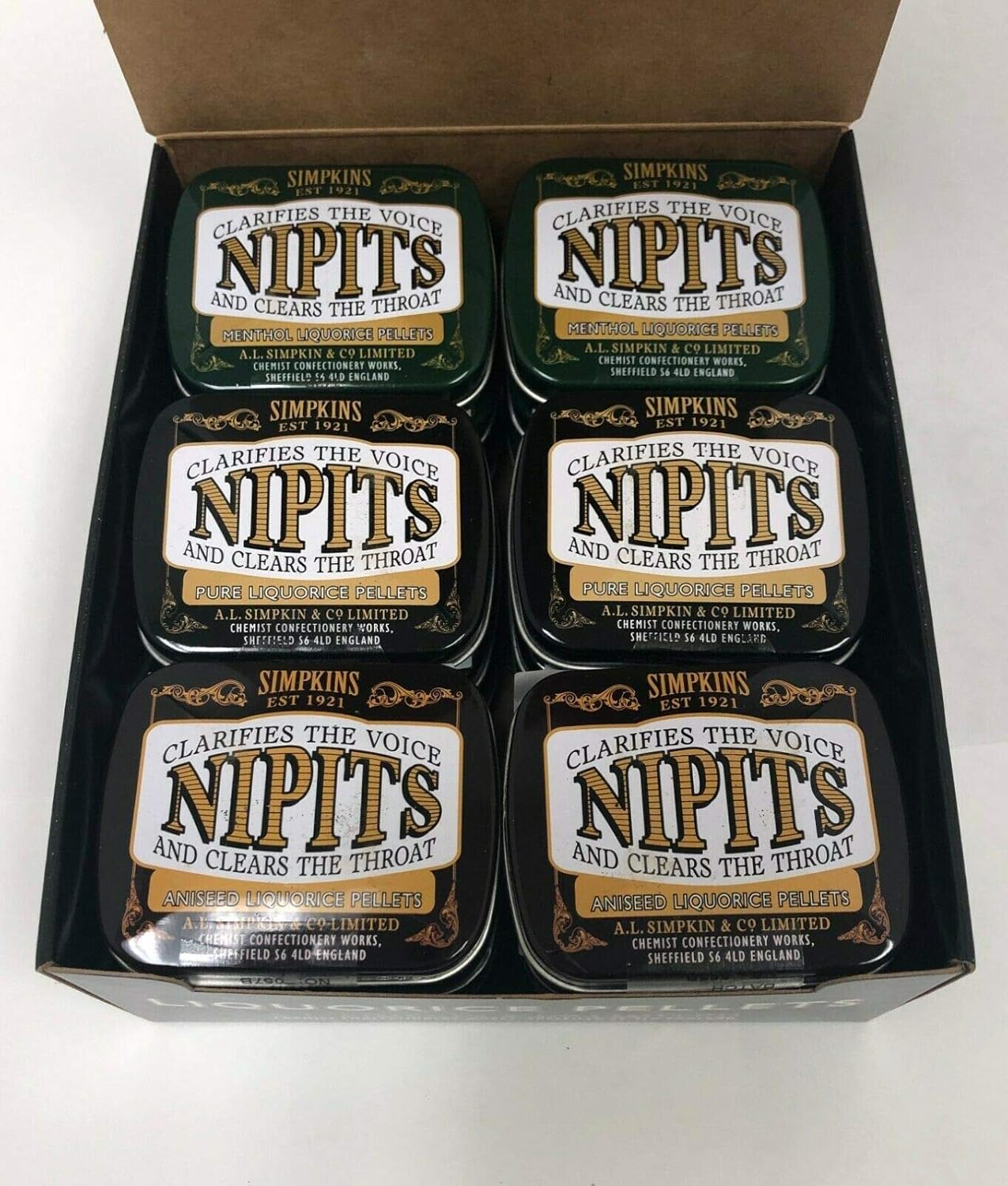 Simpkins Nipits Liquorice Variety Pack - 6 Tins of Authentic Black, Refreshing Mint Twist, and Aniseed Elegance - Gluten-Free Delight