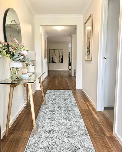 Miniatura 2 de Lahome Alfombra marroquí con diseño floral para pasillo, 2 x 8 pies, color gris claro, lavable, antideslizante, suave para dormitorio, alfombra