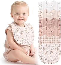 Konssy 6-Pack Muslin Baby Girl Bibs, Absorbent Drool Bibs with Ruffle Trim | 100% Soft Cotton, 6-Layer Absorbency, Adjustable Bibs for Drooling & Teething, Newborn to Toddler 0-36M