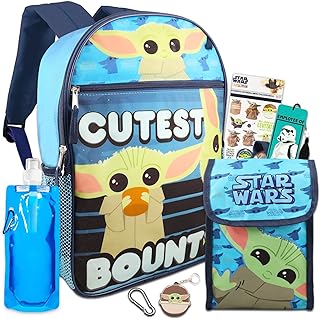 Fast Forward Baby Yoda Backpack with Lunch Box Set - Bundle with Baby Yoda Backpack, Baby Yoda Lunch Bag, Water Bottle, Stickers, Keychain, More | Star Wars Backpack for Boys