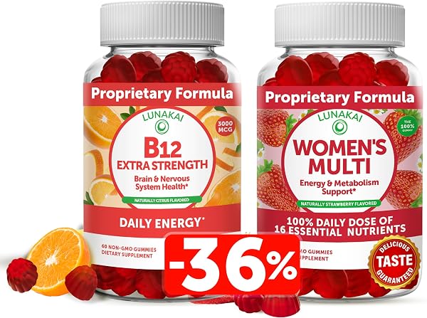Lunakai Vitamin B12 and Women's Multivitamin Gummies Bundle - Non-GMO & Vegan Supplement for Energy Support and Bone Health - 100% Daily Value of 16 Essential Vitamins and Minerals - 30 Days Supply