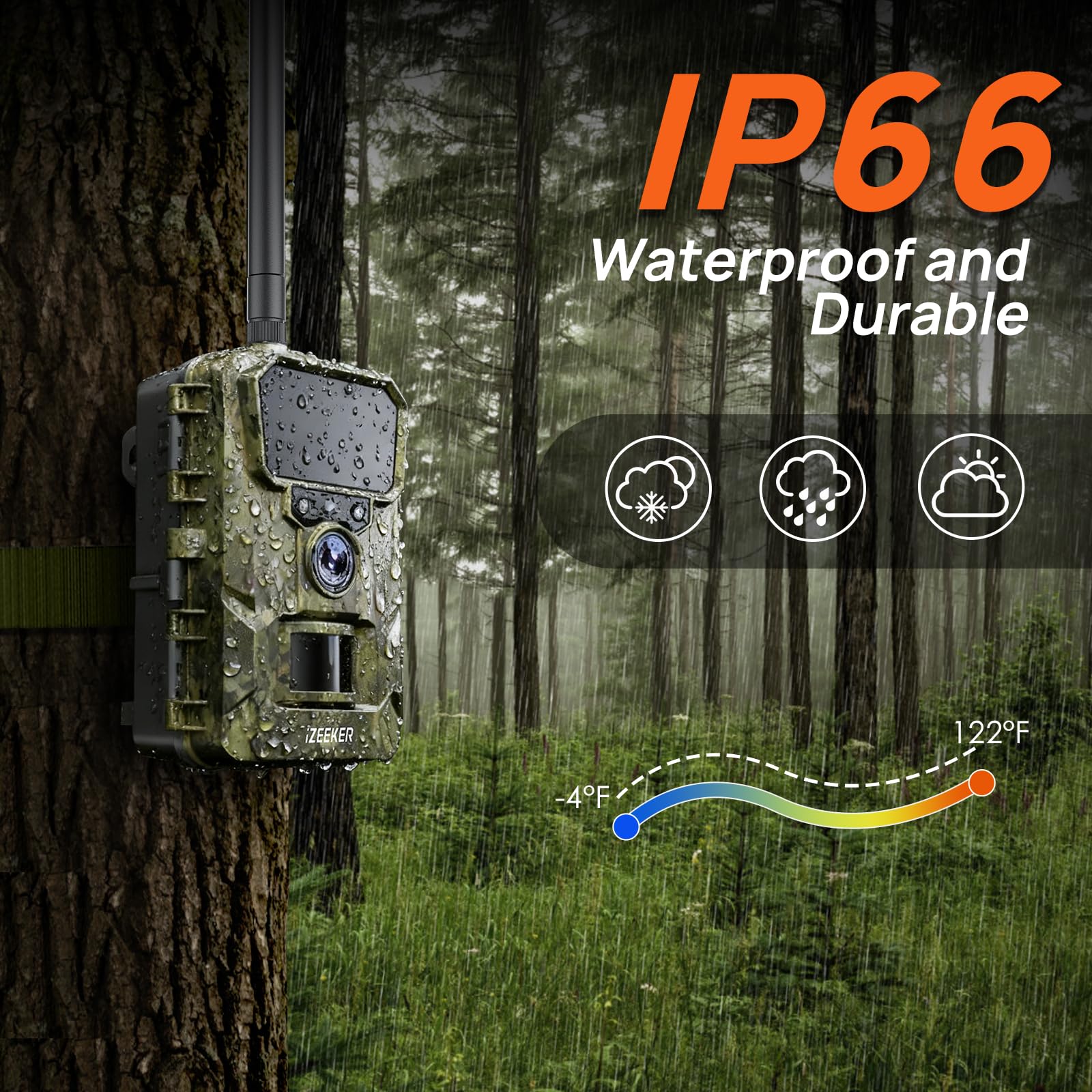 iZEEKER Kamera myśliwska 2 w 1 4G LTE 2K HD 48MP, kamera do zdjęć z aplikacją, noktowizor na podczerwień, czujnik ruchu, kamera dzikich zwierząt IP66 wodoodporna